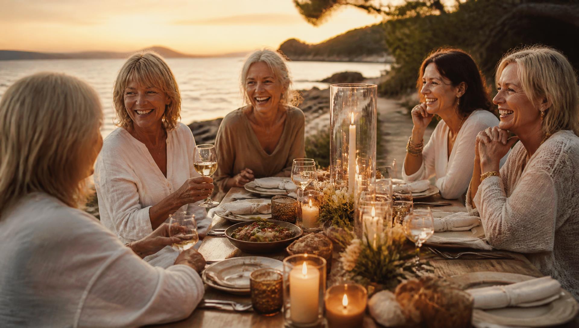Women dining together at a long table by the sea at golden hour